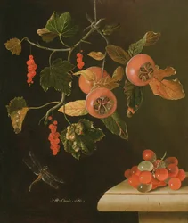 Natureza-morta com nêsperas, groselhas-vermelhas, uvas e uma libélula, 1686